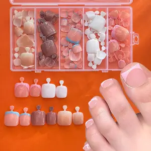 5Packs 120Pcs Blue Pink French Tip Press on Toenails for Women Short Fake Toe Nails with Artificial Reusable Square Glossy Finish Full Cover Nude Fake Toenails Toenail Kit