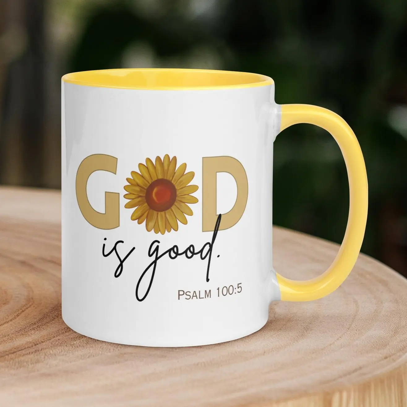God Is Good Sunflower Mug | Christian Coffee Mug with Yellow Handle & Interior | Faith-Based Gift for Her