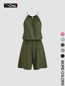 Women's Rib Knit Halter Neck Romper Overalls, Fitted, Drawstring Tie Detail, Elastic Waist, Multiple Color Options, Soft Stretchy Breathable Fabric, Casual Daily & Vacation Wear, Minimalist Casual Style