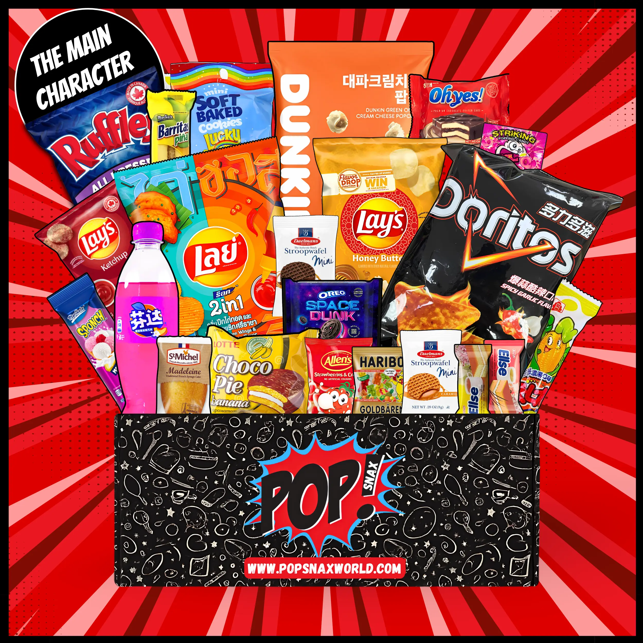 The Main Character | 21 Count Snack Box (20 Mystery Snacks + 1 Drink) 3LB Snack Box Multipack | Premium International Global Snacks, Asian Snacks | Snack Gift Basket with Chips, Drink, Candy & Cookies | Fun Care Package for Adults & College Students