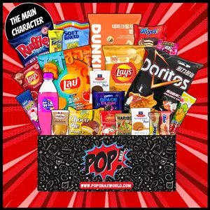 The Main Character | 21 Count Snack Box (20 Mystery Snacks + 1 Drink) 3LB Snack Box Multipack | Premium International Global Snacks, Asian Snacks | Snack Gift Basket with Chips, Drink, Candy & Cookies | Fun Care Package for Adults & College Students