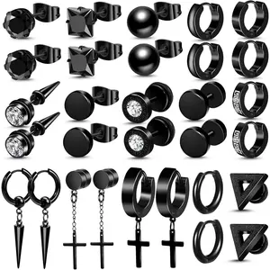 15 Pairs Black Earrings for Men, Stainless Steel Mens Earrings set with Studs Hoop Earring Cross Dangle Earrings Hypoallergenic Ear Piercing Jewelry for Men Women