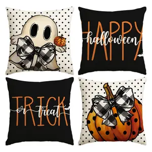 4pcs Halloween Pillow Cover, Bow Ghost Halloween Night Decoration Sofa Cushion Cover, Bow Pumpkin Halloween Pillow Cover, Suitable for Bedroom, Living Room, Sofa, Car Decoration Cushion Pillow Cover (No Pillow Core), Bedroom Decorative Accessories