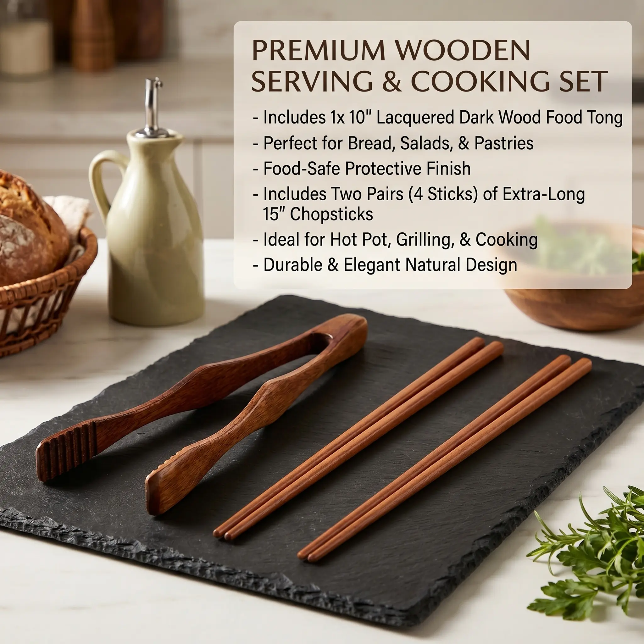 10-Inch Wooden BBQ Serving Tongs & 15-Inch Deep Fry Chopsticks Set - Food Grade, Durable, Eco-Friendly, Lightweight, Heat-Resistant Natural Wood Kitchen Utensils for BBQ, Fry, Meal Prep
