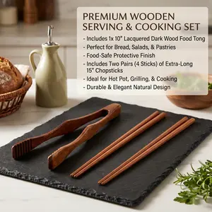 Wooden Kitchen Tongs and Long Cooking Chopsticks Set, 10 Inch BBQ Serving Tongs + 15 Inch Deep Fry Chopsticks, Heat Resistant Natural Wood Utensils for Frying, Steak, Bread, Noodles, Buffet Cooking Tools