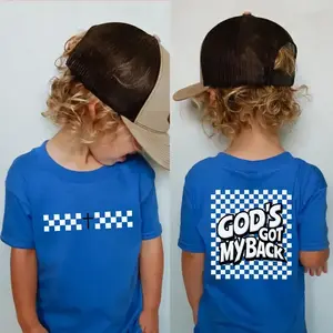God's Got My Back Christian Youth Shirt, Checkered Cross Tee, Religious Front And Back Youth Top, Streetwear Faith Shirt, Classic Cotton, Menswear Top