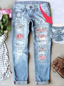 Women's Valentine's Day Heart Distressed Mid-Waist Boyfriend Fit Washed Loose Casual Denim Jeans Elastic Waistband Breathable Comfort Fabric All Seasons Wear
