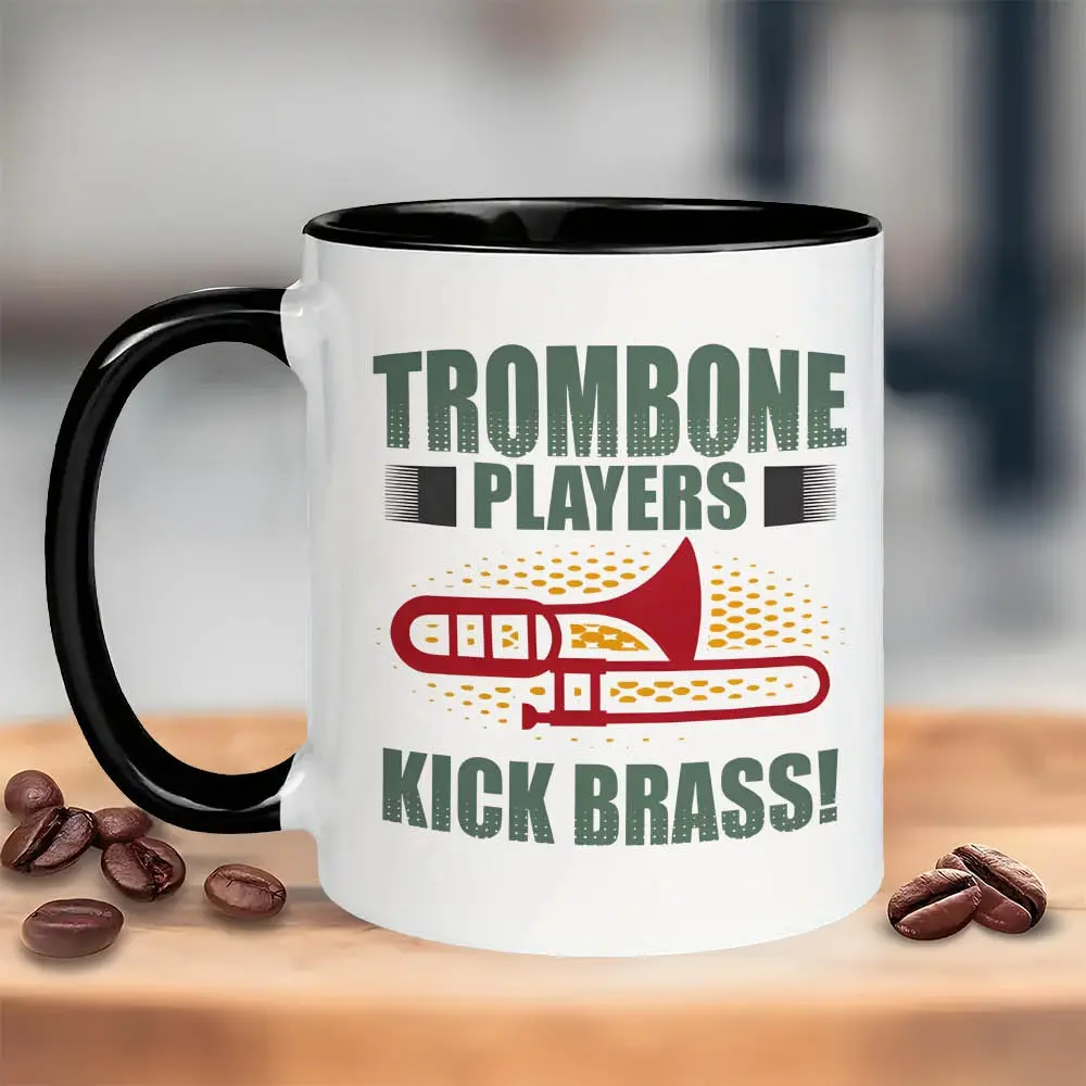11oz White Ceramic Coffee Mug - Funny Trombone "Kick Brass!" Music-Themed Double-Sided Print, Washable Reusable Drink Cup, Durable, Dishwasher Safe, Gift for Musicians, Home/Office Use