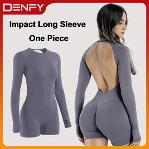 DENFY Impact Long Sleeve One Piece Unitard Fitness Gym Bralette Soft Workout Activewear