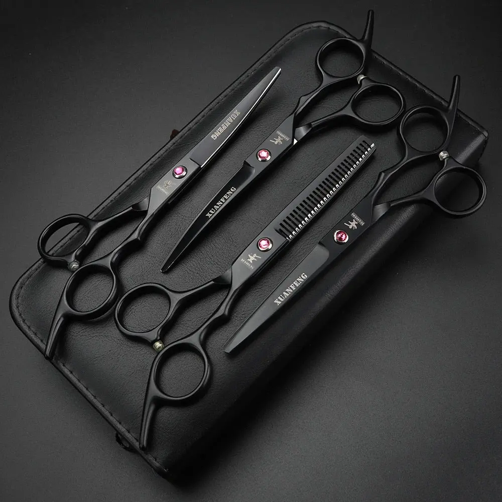 XUANFENG X-165 Professional Right-Hand 4-Piece Barber Grooming Kit - Durable Haircare Styling Set with 6" Blades Cutting Scissors (17.5cm Total Length), Stainless Steel Handles, Ergonomic Thinners, Curved Down Texturizing Scissors for Advanced Stylists