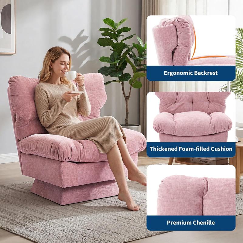 Garvee Oversized Pink Chenille Swivel Accent Chair with 360° Rotation, Thick Cushion, and Cozy Upholstery for Living Room, Bedroom, or Office, Supports up to 300 Lbs