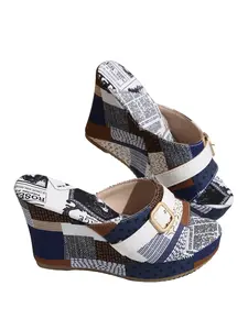 Women's Denim Platform Sandals, Thick Sole Design, Wedge Design, Belt Decoration, Ultra High Heel, Slip-On, Fashionable Lightweight, Casual Wear