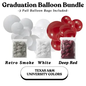 Graduation Balloon Bundle -  Texas A&M University Colors Retro Smoke, White, Deep Red - Sizes 5"- 12"- 18"