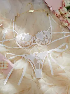 Valentine's Day Women's Sheer Mesh Lace-Up Lingerie, Floral Embroidered Bra, Women's Erotic Lingerie Set, Elegant Lace Floral Matching Lingerie Strap Embroidery sneaky lingerie babydoll lingerie women sneaky lingerie babydoll lingerie women