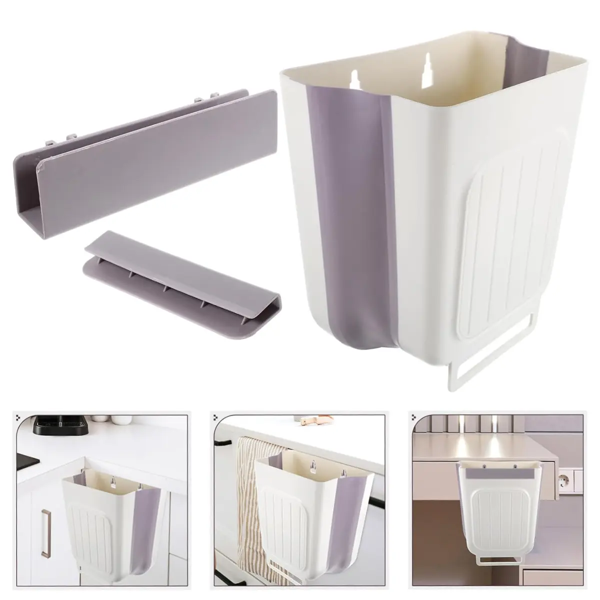 Gray White Multi-Purpose Trash Bin - Folding Hanging Design with Buckle, Laundry Garbage Storage Container for Kitchen Countertop, Expandable Flexible Under Kitchen Counter Bin for Cleaning