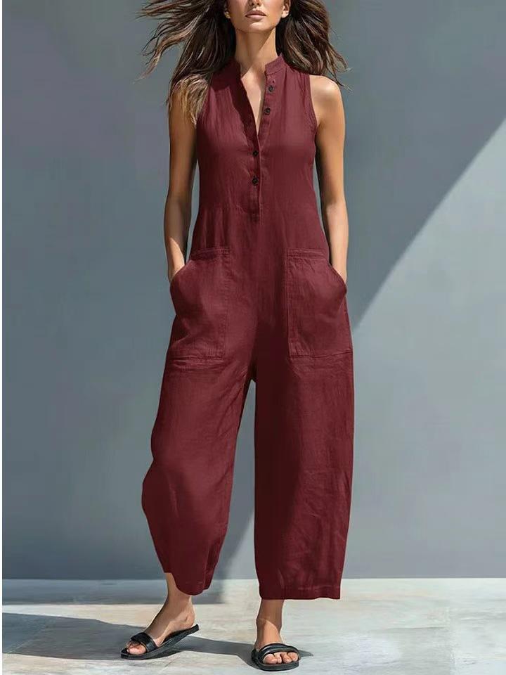 Women's Jumpsuit, Sleeveless Wide-Leg Utility Romper, V-Neck Button Front with Pockets, Casual Summer Vacation Outfit