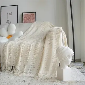 Solid Color Knit with Tassel Design Throw Blanket, 1 Count Soft Warm Blanket, Air-conditioned Room Blanket, Warm Nap Blanket for Home Office Travel, Knitted Blanket