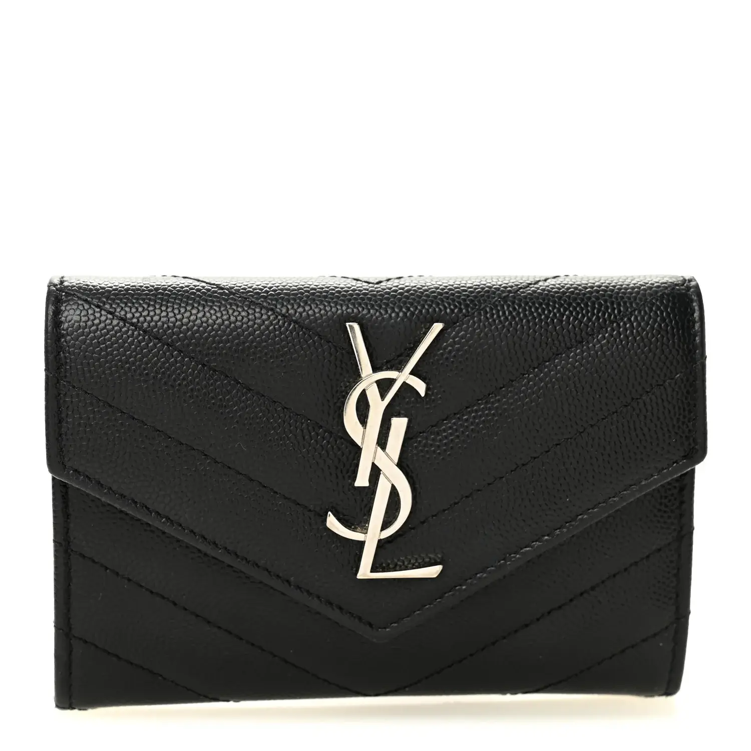 Pre-owned Yves Saint Laurent Leather Small Leather Goods Grain De Poudre Matelasse Chevron Small Monogram Envelope Wallet Black
