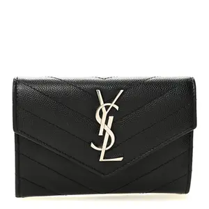 Pre-owned Yves Saint Laurent Leather Small Leather Goods Grain De Poudre Matelasse Chevron Small Monogram Envelope Wallet Black