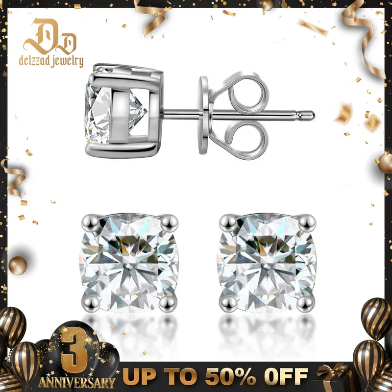 Delzzad Cushion Cut Prong Solitaire Stud Earrings VVS Synthetic Moissanite S925 Stud Earrings Birthday Anniversary Mother's Day Christmas Gifts for Men Women