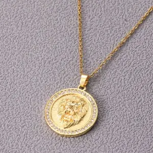 Gold Tone Stainless Steel Lion Head Pendant with Cubic Zirconia 22" Chain Necklace Cuban Link Design