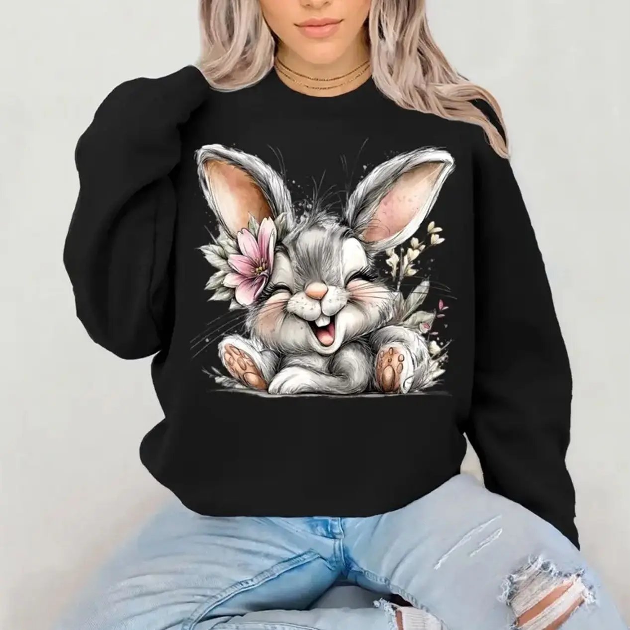 Grey Bunny With Flower in Her Hair Crewneck Sweatshirt – Cute Animal Graphic Sweatshirt, Women’s Casual Cozy Pullover, Spring / Easter Gift