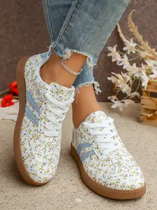 Multicolor Floral Canvas Shoes, Side Stripe and Laces Design, Women's Casual Sports Shoes, Sneaker, Comfortable and Stylish Footwear
