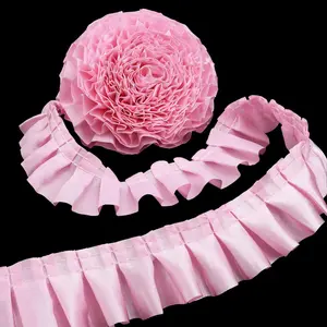 Ruffle Pleated Lace Trim Satin Ribbon Gather Edge for Applique Sewing Crafts, Home Decoration (Pink)