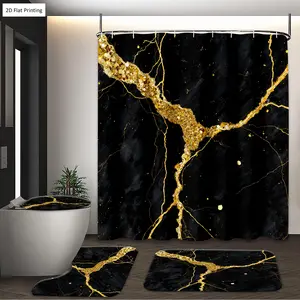 1/3/4PCS Modern style Black Surface with Golden Veins Shower Curtain Set with Rugs, Non Slip Bath Mat, U-Shape Carpet, Toilet Lid Cover, Polyester Fabric Bathtub Curtain Accessories, 12 Hooks, Home Bathroom Festival Decor
