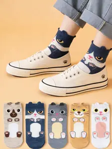 5 Pairs Cute Four-Legged Cat Low-Cut Socks, Cartoon Comfortable Casual Socks for Women, Daily Versatile Socks for Spring & Fall