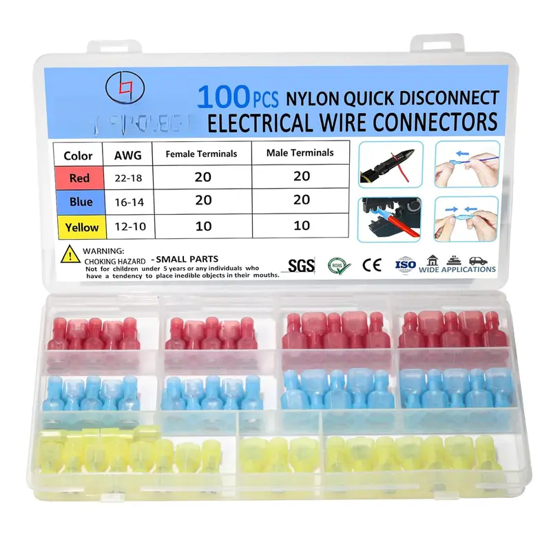 100 count Nylon Spade Quick Disconnect Connectors Kit 22-10 AWG Male and Female Electrical Wire Connectors Kit Electrical Insulated Wire Crimp Cold-Pressed Terminals for Automotive,Electronics