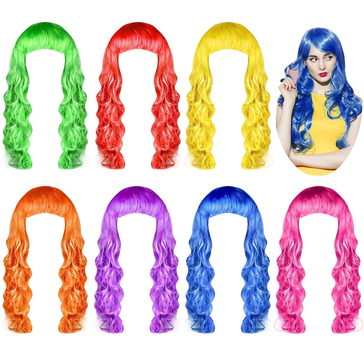 7 Pieces Colorful Long Curly Wigs 21.5 Inches Synthetic Fiber Material Polyethylene Plastic Wavy Hair Wigs Curly Cosplay Costume Wig for Women Party DécorValentine's Day, gift