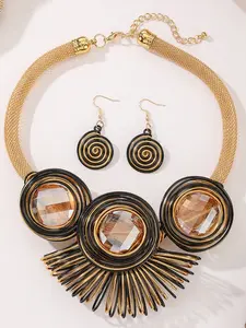 2pcs/set Bohemian style retro large crystal handmade aluminum wire necklace earring set, holiday cocktail party, wedding clothing accessories