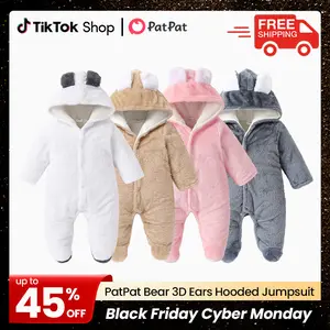 PatPat Baby Boy/Girl Bear Style 3D Ears Hooded Solid Plush Footed Jumpsuit: Soft & Cute for Winter, All-day Snuggle, Keeping Warm & Stylish