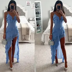Sexy Asymmetric Strap, Solid Color Dress Gown Formal Womenswear Workwear Basic Minimalist Sky Blue Sleeveless