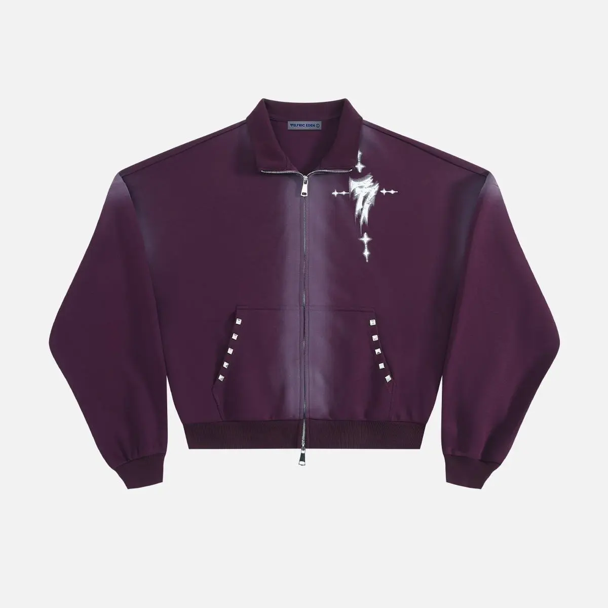 Aelfric Eden Gradient Washed Rivet Cropped Bomber Jacket Gradient Wash Finish Gothic Lightning Cross Print Pocket Rivet Detail Relaxed Boxy Cropped Silhouette Heavyweight Soft Fabric Vintage Punk Streetwear Unisex Top