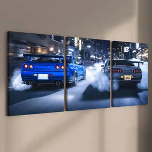 3 Counts Wooden Framed Canvas Painting, Night Street Racing Drift Cars Images, Exquisite Poster, Perfect Living Room Decoration, Modern Art, Fashion Family Poster, Wall Art Decoration, Waterproof Art, Creative Modern Decoration