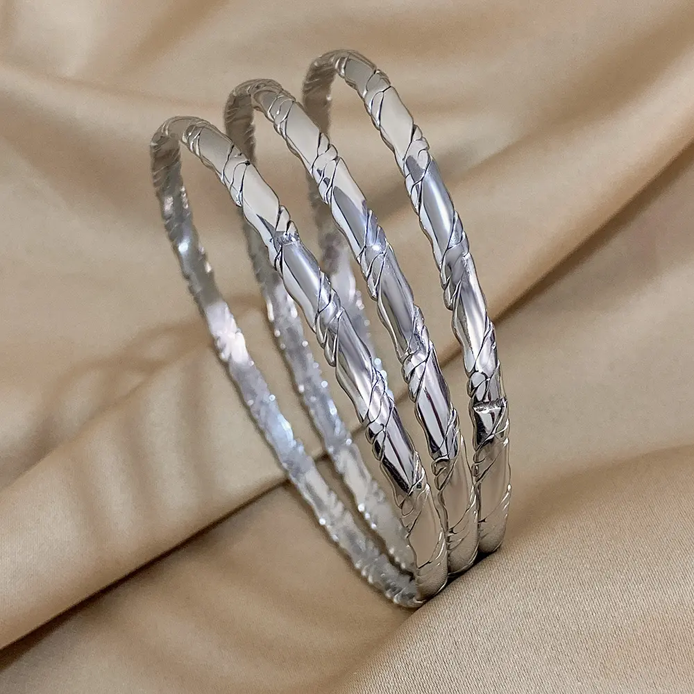 Hotoo Women's 3-Piece Stainless Steel Bracelet Set - Flat Texture Round Metal Bangles, Minimalist Shine, Mix-Match Stacking, Layered Elegance, Classic Design, 18+ Adults' Aesthetic Bracelets & Bangles, Classic Wrist Accessory for Daily Wear