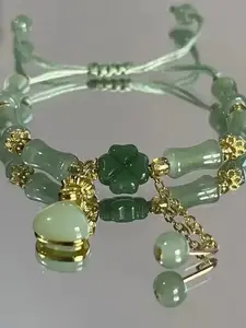 Four Leaf Clover Beaded Bracelet for Women, Chinese Style Resin Glass Bead Design All-Match Gift