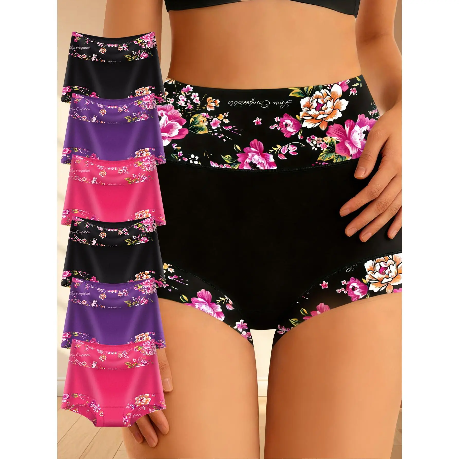 QUASTI Women's 6PCS High-Waisted Cotton Blend Briefs, Style-Focused Fade Prints, Elastic Soft Fabric, Breathable Fit, Mix Colors Daily Wear Essential Valentine Gift Panties, S-XXL