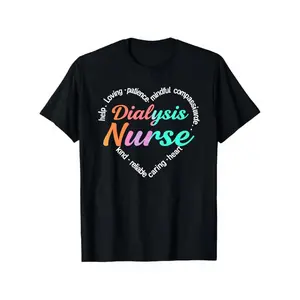 Men's & Women's Dialysis Nurse T-Shirt - -Themed Dialysis Team Slogans & Icons Print, Black with Multicolor Healthcare Text, Lightweight Cotton-like Knit, Casual Work Uniform or Appreciation Gift for Nurses, Doctors, Hospital graphic tee