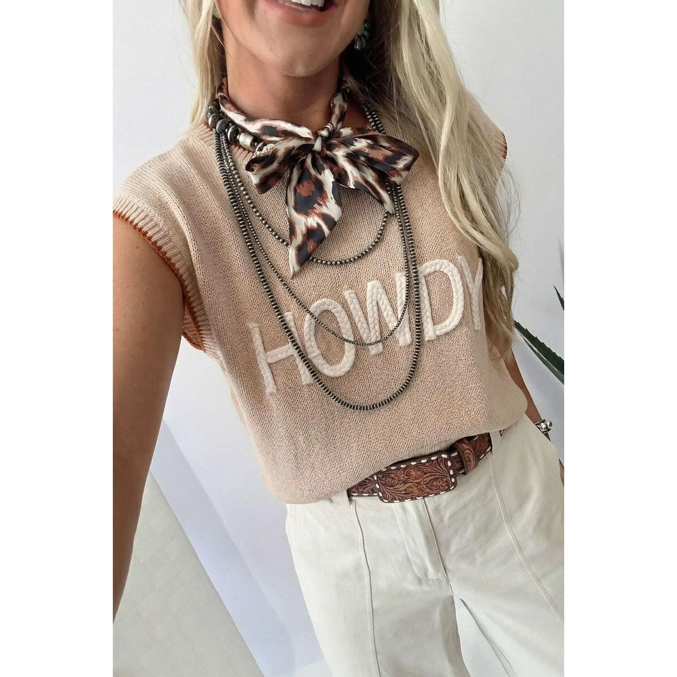 Contrast Trim Short Sleeve Knit HOWDY Western Sweater