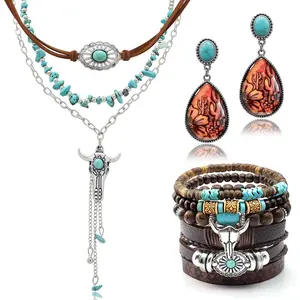 3 Pcs Layered Western Jewelry Set for Women Boho Turquoise Beaded OX-Head Necklaces Western Cactus Cowboy Chic Earrings Rustic Cowgirl Stack Bracelets Country Concert Outfits Accessory