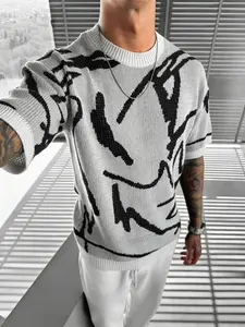 Men's Fashion Streetwear Round Neck Pullover Sweater, Geometric Stripe Pattern, Versatile Casual Wear, Stylish Knitwear for All Seasons, Loose Fit Jumper