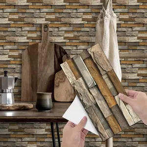 6/12/24/48PCS/Box FG-L European Retro Warm Brown Yellow Stacked Stone Peel and Stick Tile, PVC Crystal Film Waterproof Oil-Proof Removable Decorative Wall Sticker for Kitchen Bathroom Floor
