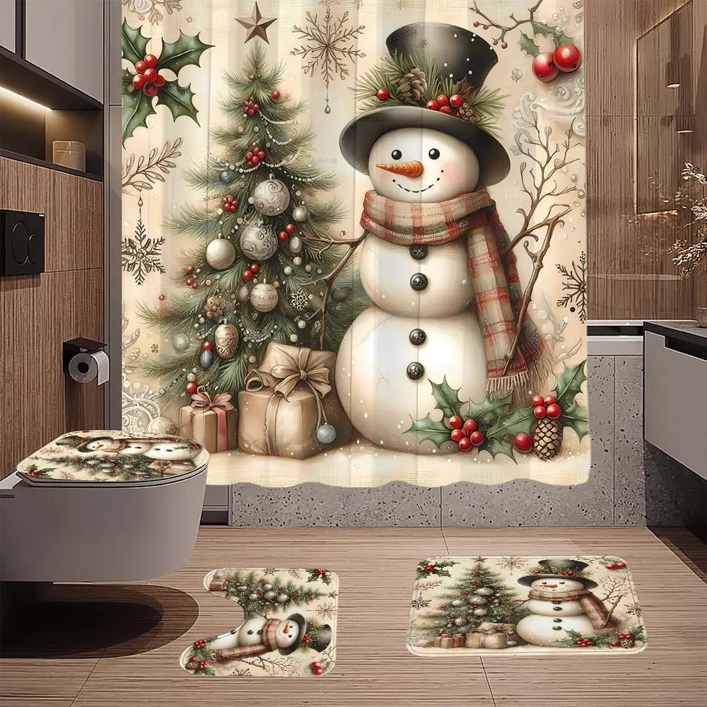 4pc Christmas tree and snowman pattern bathroom set, The 4-piece set includes a single shower curtain, anti slip floor mat, toilet U-shaped mat, toilet lid mat, with shower curtain hook, and belongs to bathroom decoration products