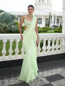 Lime green pre-stitched saree and blouse