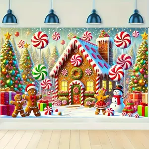 1pc 2D Flat Christmas Polyester Banner - Gingerbread House & Snowman with Candy Background - Holiday Party Decoration and Photography Backdrop, No Electricity Needed, General Use - 180.01 x Ornaments White