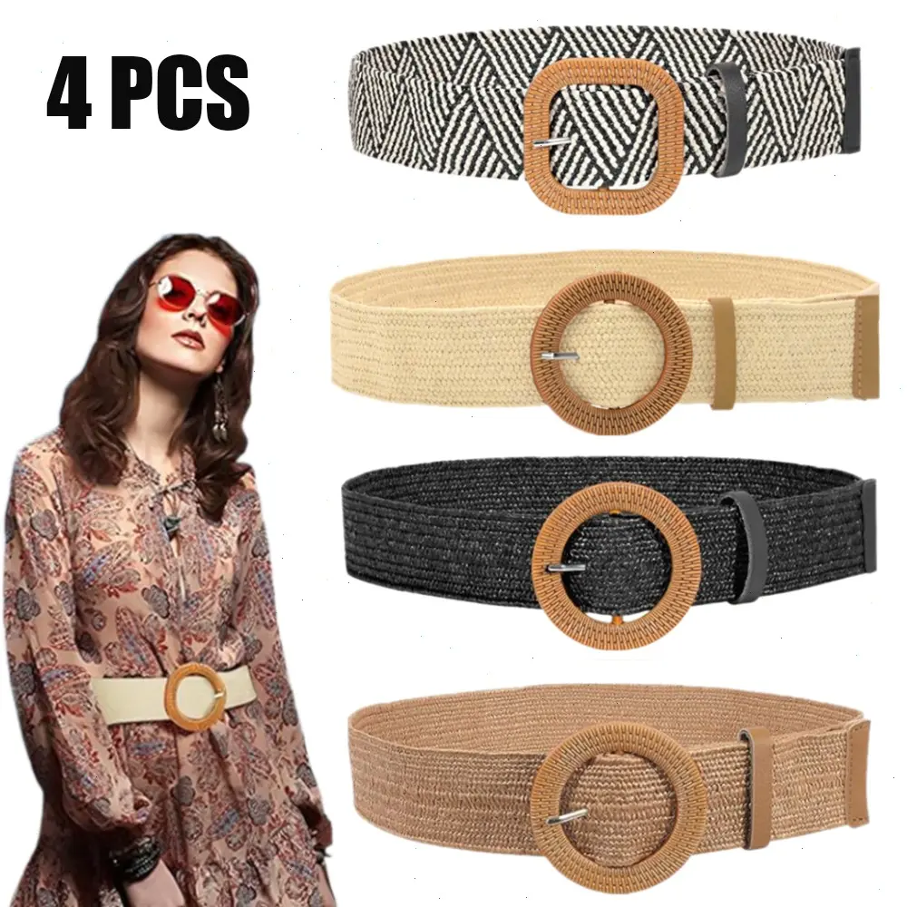 4PCS Straw Woven Elastic Stretch Belts Women Raffia Dress Waist Band Boho Ladies Braided Dress Belts 4PCS Straw Woven Elastic Stretch Belts Women Raffia Dress Waist Band Boho Ladies Braided Dress Belts