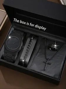 Stylish Fashion Casual Men's Jewelry Watch Set 4pcs, Includes Necklace Bracelet Ring, Perfect Gift for Daily Party Birthday Thanksgiving Teacher Appreciation Day Back-To-School Season